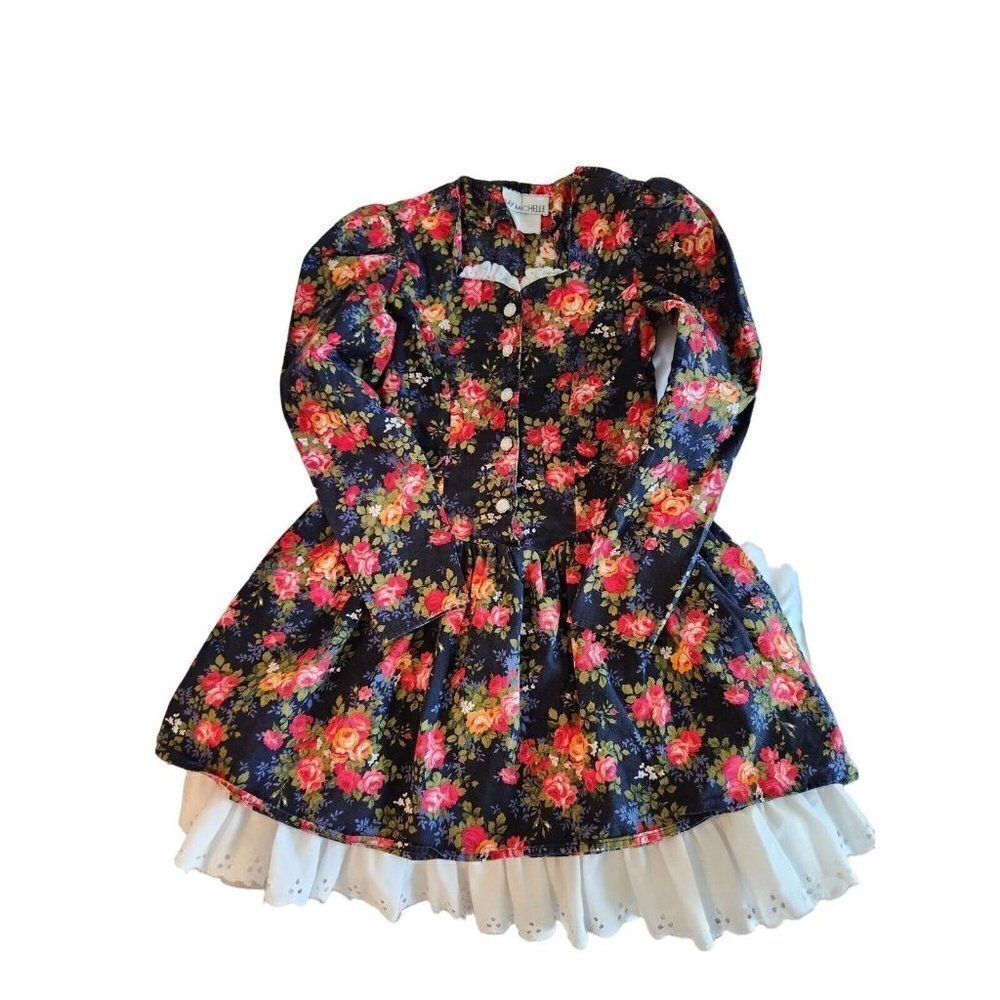 My Michelle Vintage Girl's Floral Country Dress Size 10 Modest Red Black
